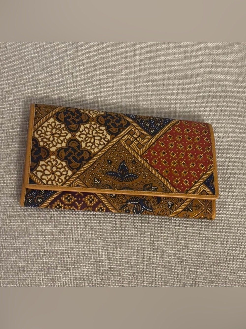 Elegant Patchwork Batik Foldover Wallet - Mustard & Red